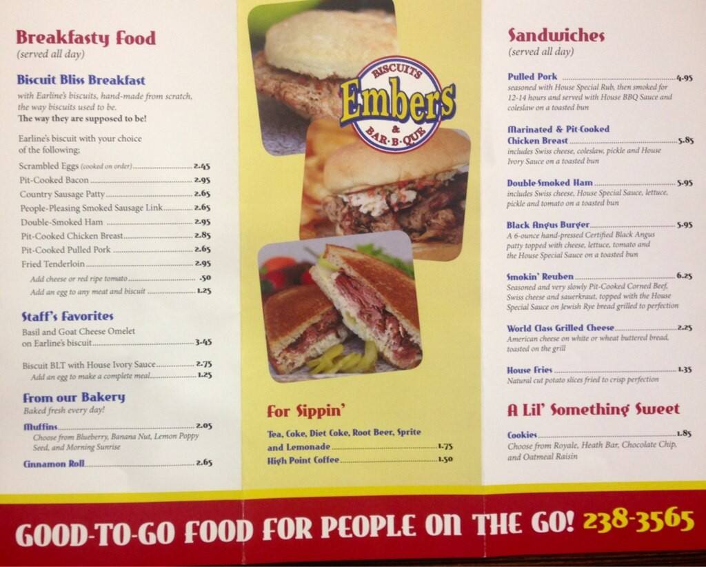 Embers Biscuits and BBQ Menu, Menu for Embers Biscuits and BBQ, Oxford