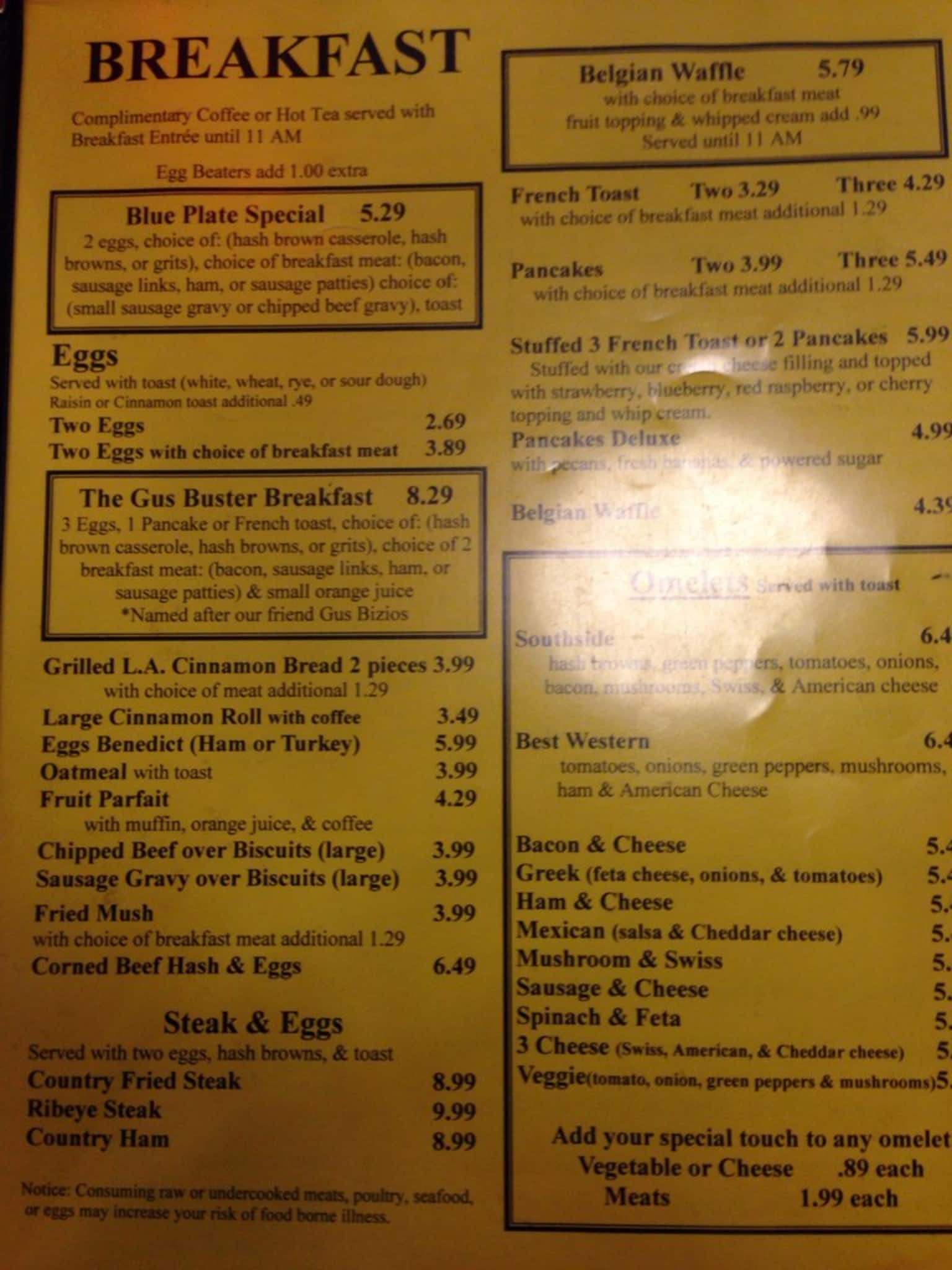 Menu at Southside Diner restaurant, Mount Vernon