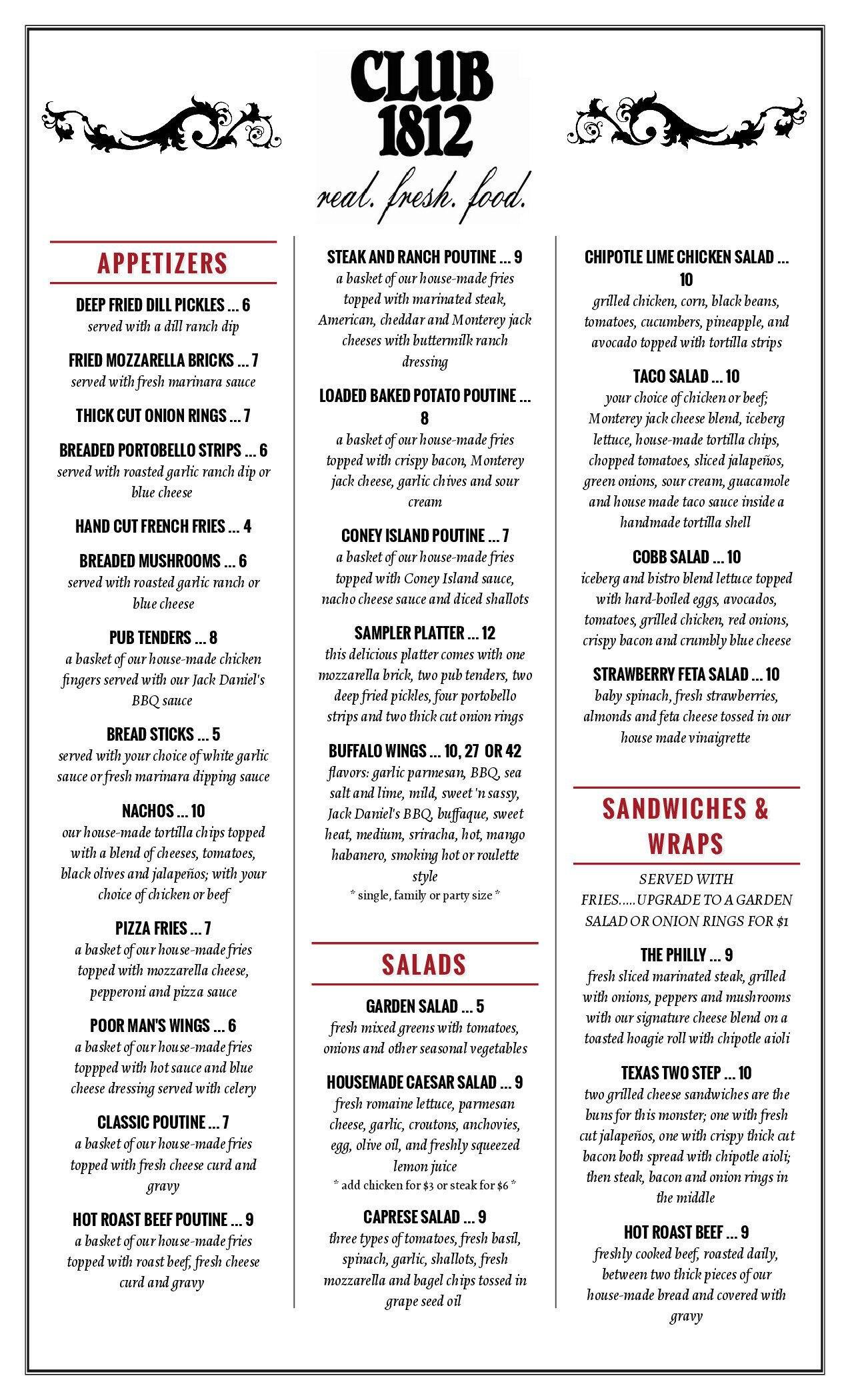 Menu at Club 1812, Ogdensburg