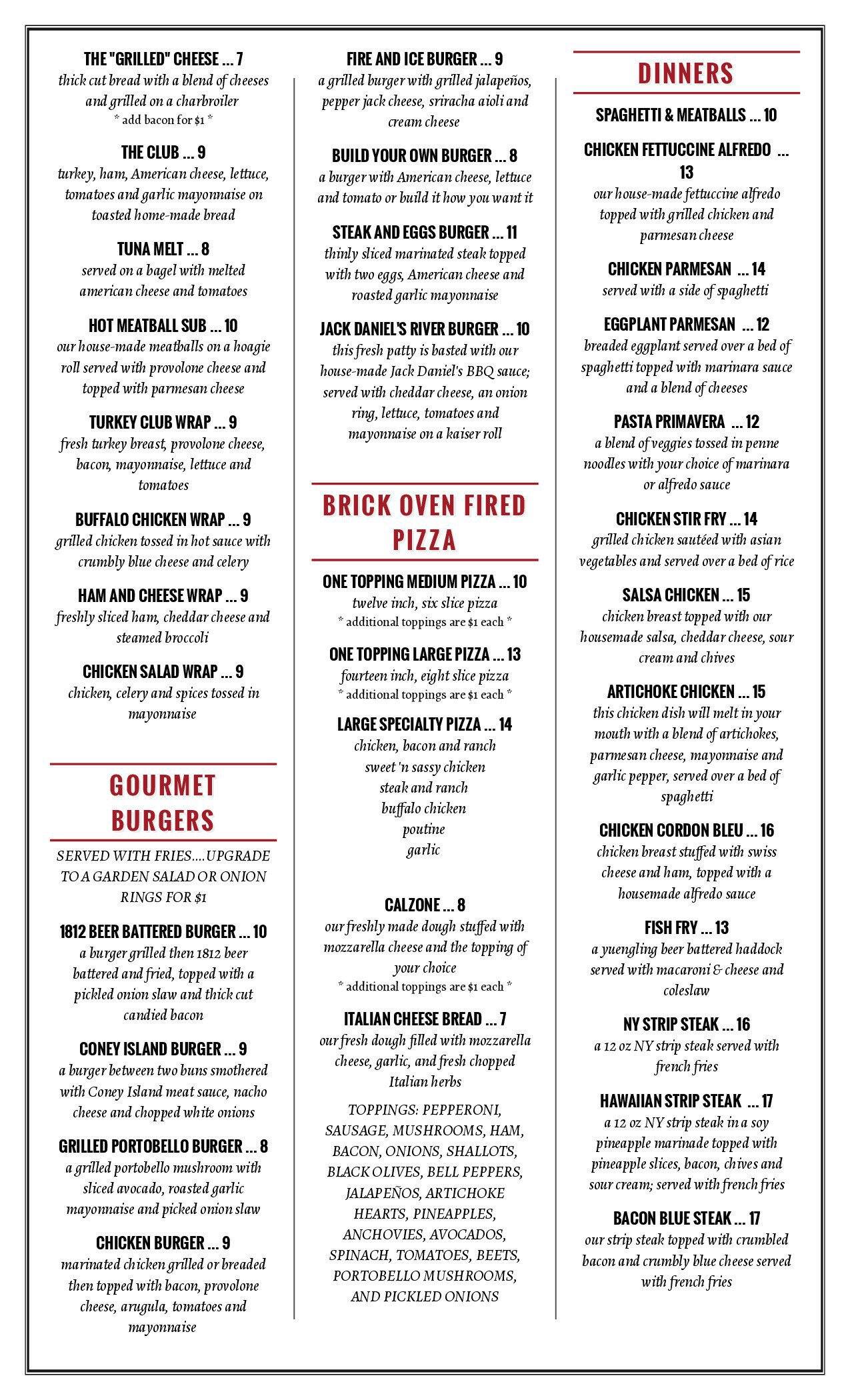 Menu at Club 1812, Ogdensburg
