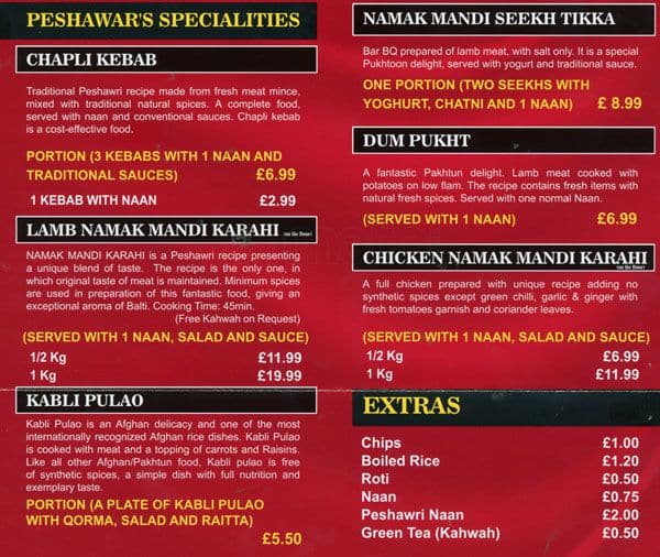 The Peshawar Restaurant Menu, Menu for The Peshawar Restaurant