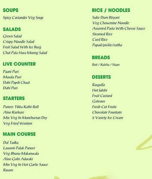 Menu of Subz, Jayanagar, Bangalore