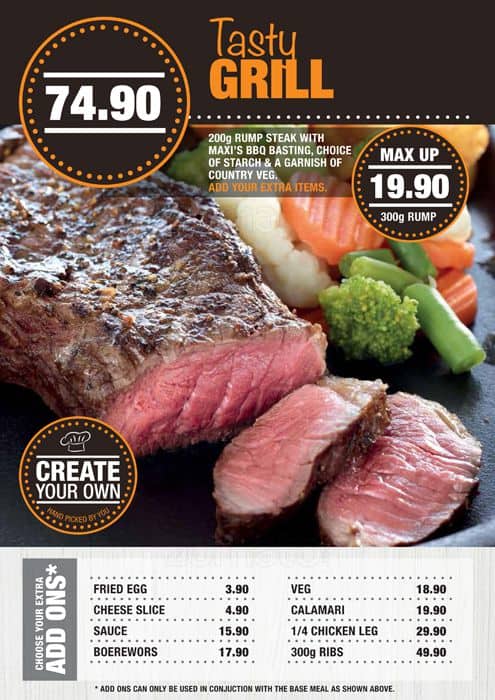 Maxis Menu Three Rivers Menu at Maxi's restaurant, Richards Bay, Boardwalk Inkwazi Mall