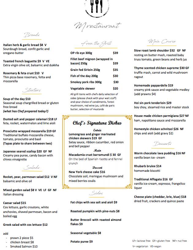 Menu at M Restaurant Rosehill, Rosehill, 106 Hassall St
