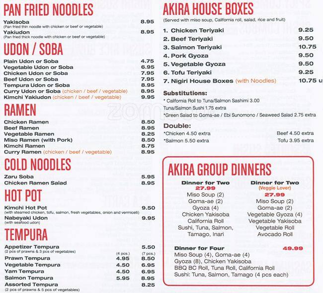 Akira Sushi Menu, Menu for Akira Sushi, West End, Vancouver