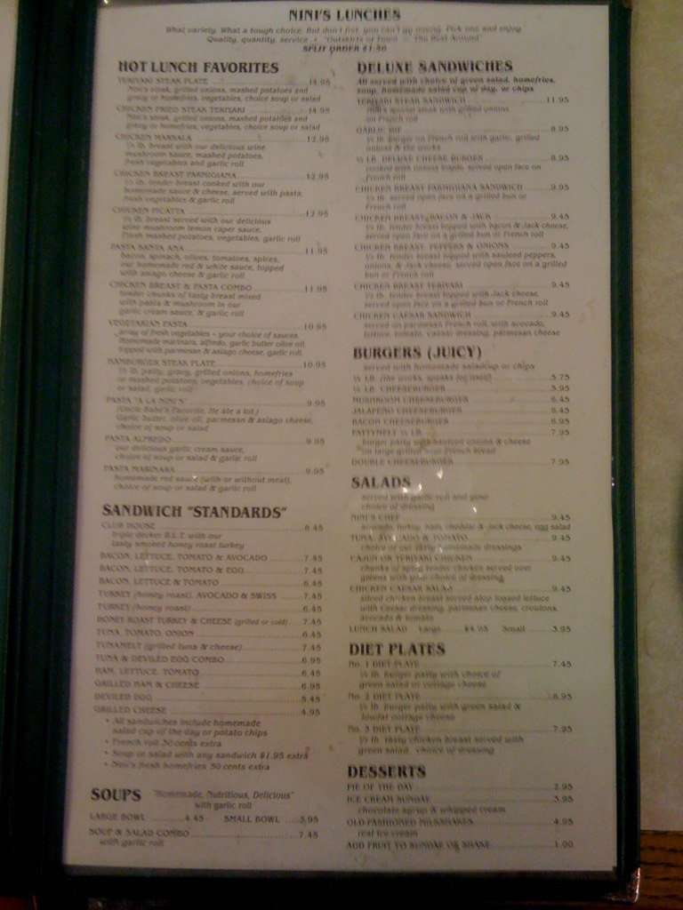 Menu at Nini's Coffee Shop restaurant, San Mateo