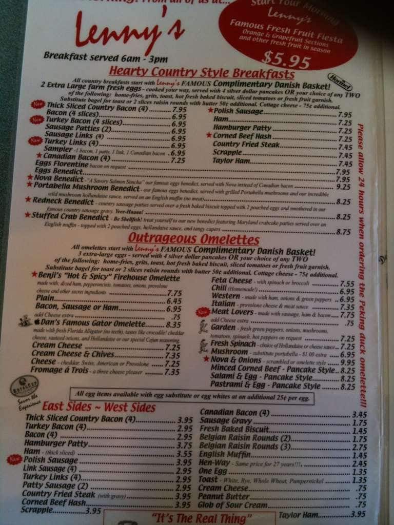 Lenny's Restaurant Menu, Menu for Lenny's Restaurant, Clearwater, Tampa