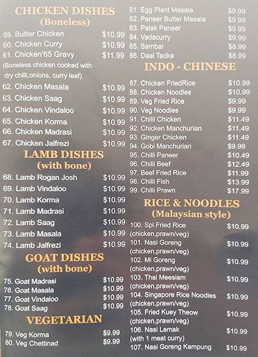 Menu at Clayton Chettinad restaurant, Clayton