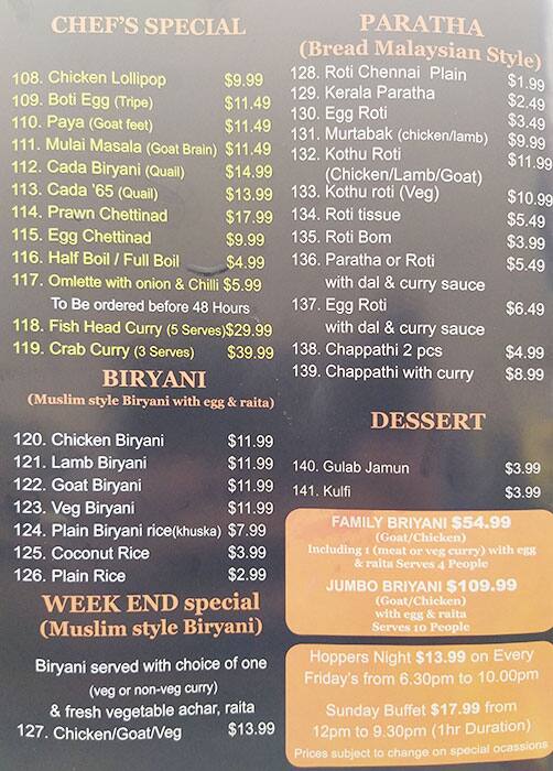 Menu at Clayton Chettinad restaurant, Clayton