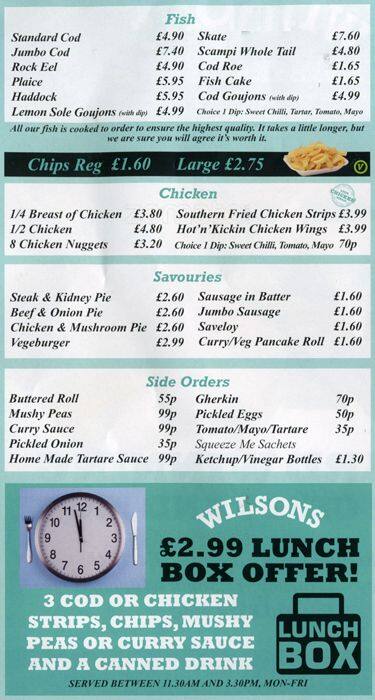 Wilsons Fish & Chips menu