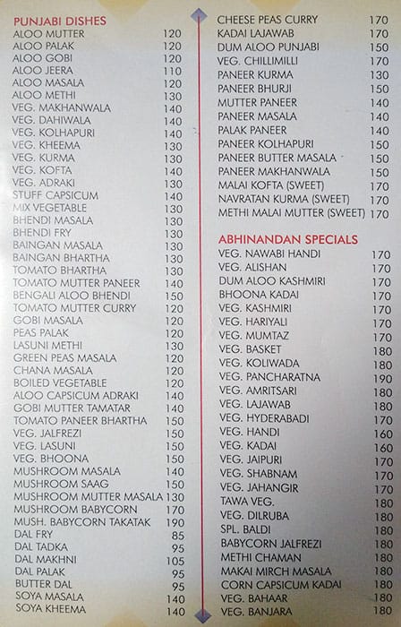 Abhinandan Pure Veg Restaurant menu