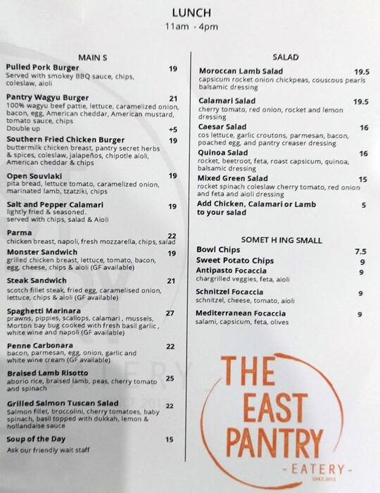 The East Pantry Menu Menu For The East Pantry Keilor East Melbourne