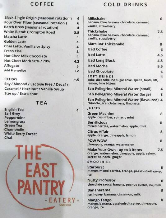 The East Pantry Menu Menu For The East Pantry Keilor East Melbourne