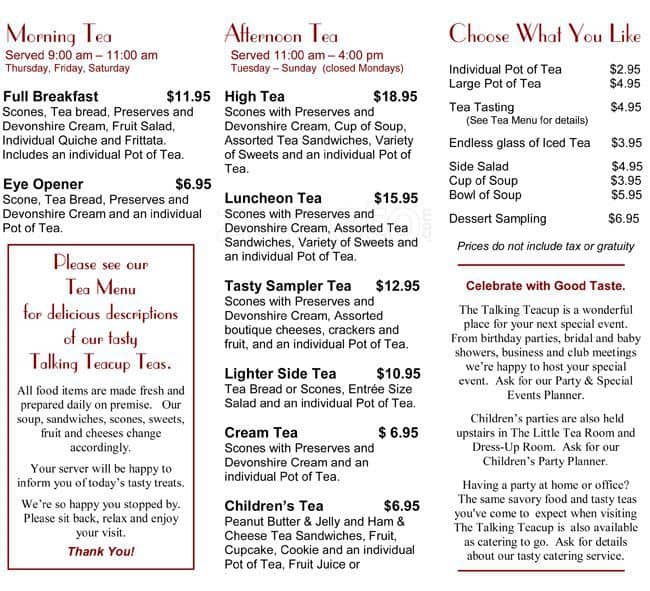 The Talking Teacup Menu, Menu for The Talking Teacup, Chalfont, Bucks