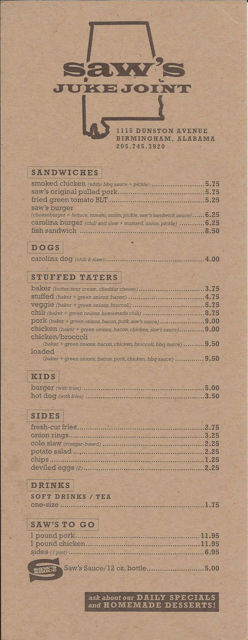 Saw's Juke Joint Menu, Menu for Saw's Juke Joint, Mountain Brook