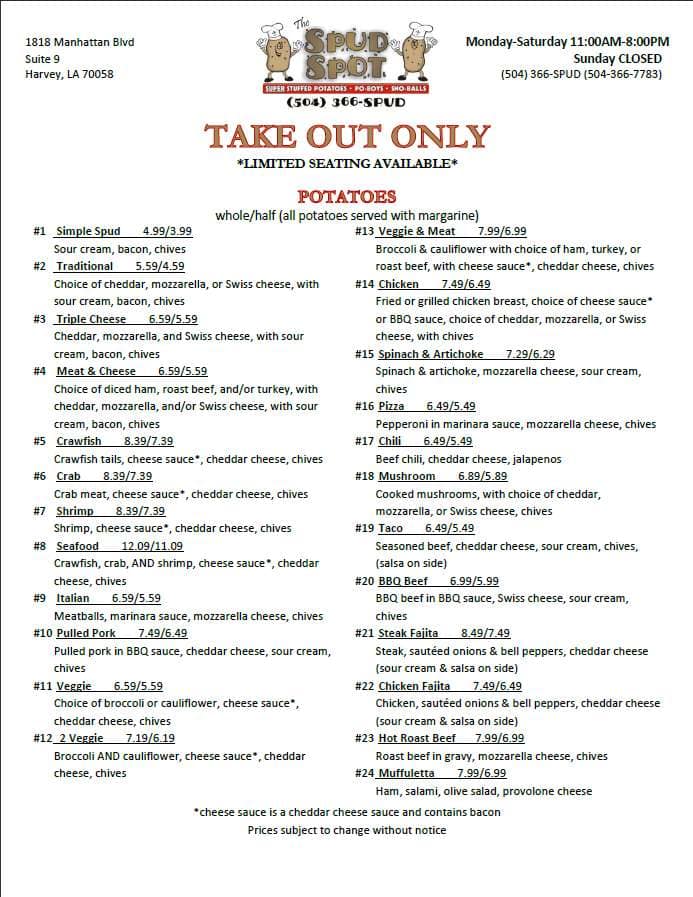 The Spud Spot menu, Menu restauracji The Spud Spot, Harvey, New Orleans
