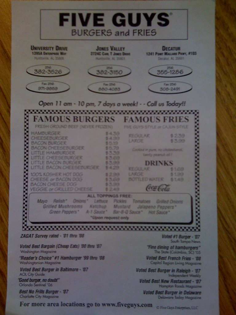 Five Guys Burgers And Fries Menu Five Guys Burgers And Fries Menu