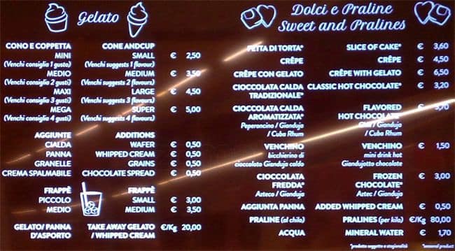 Menu di Venchi 
