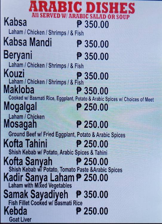 Carta de Red Sea Restaurant