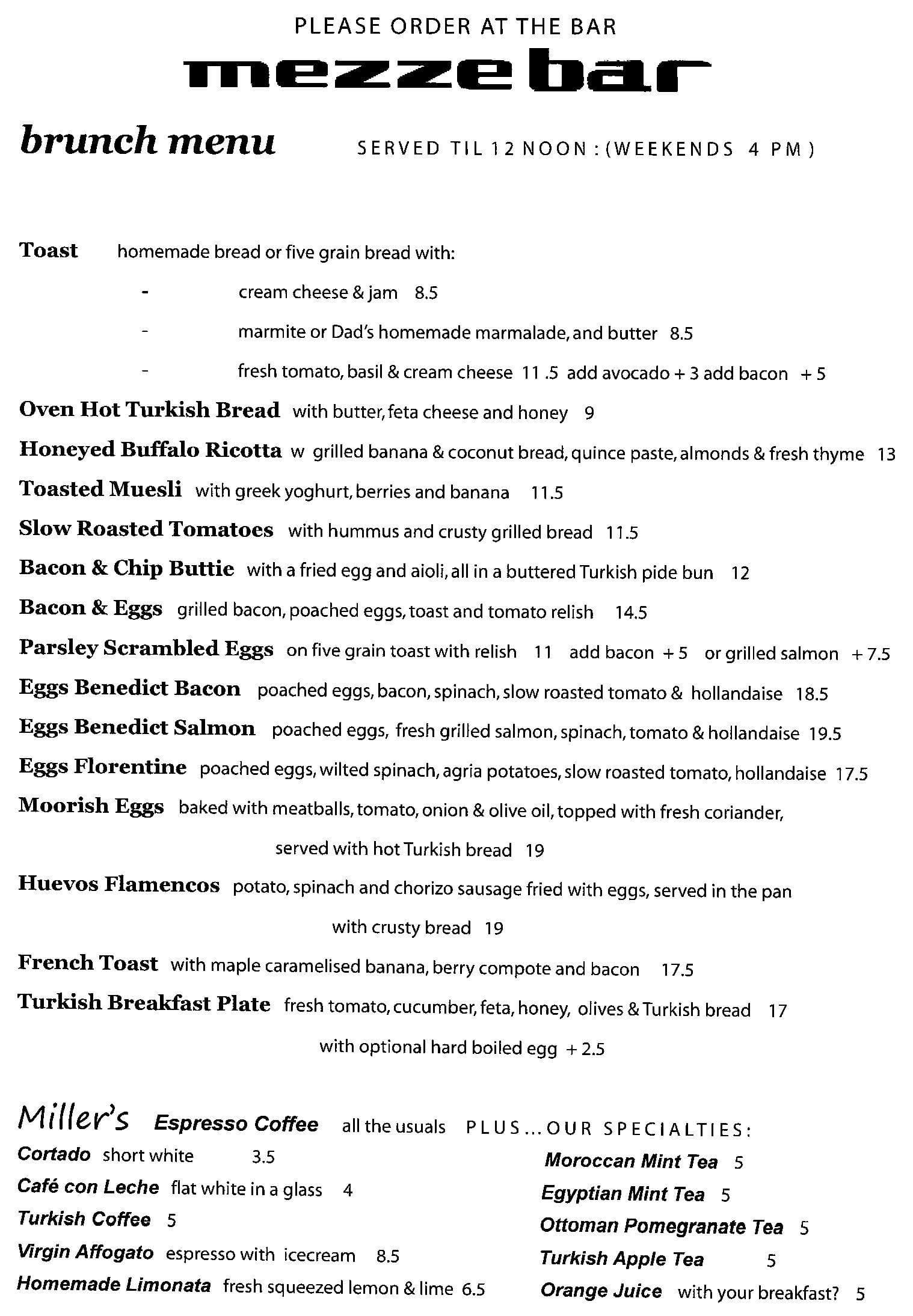 Mezze Bar Menu, Menu For Mezze Bar, Durham Street East, Auckland