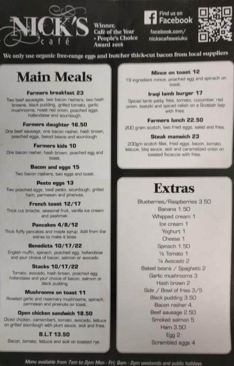 Nicks Cafe Menu Menu For Nicks Cafe Waiuku Auckland