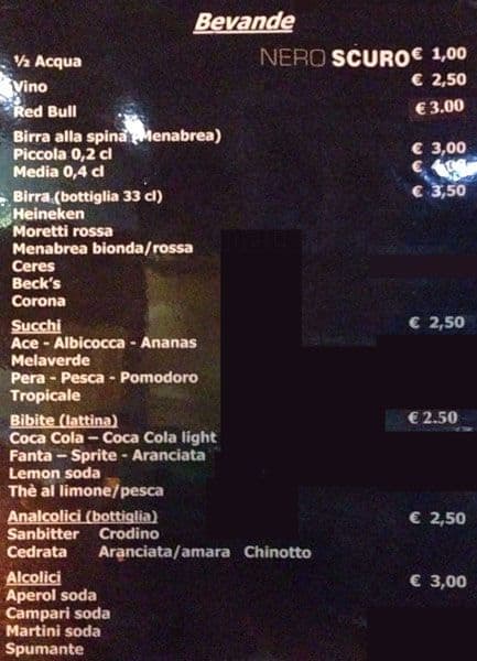 Menu di Neroscuro 
