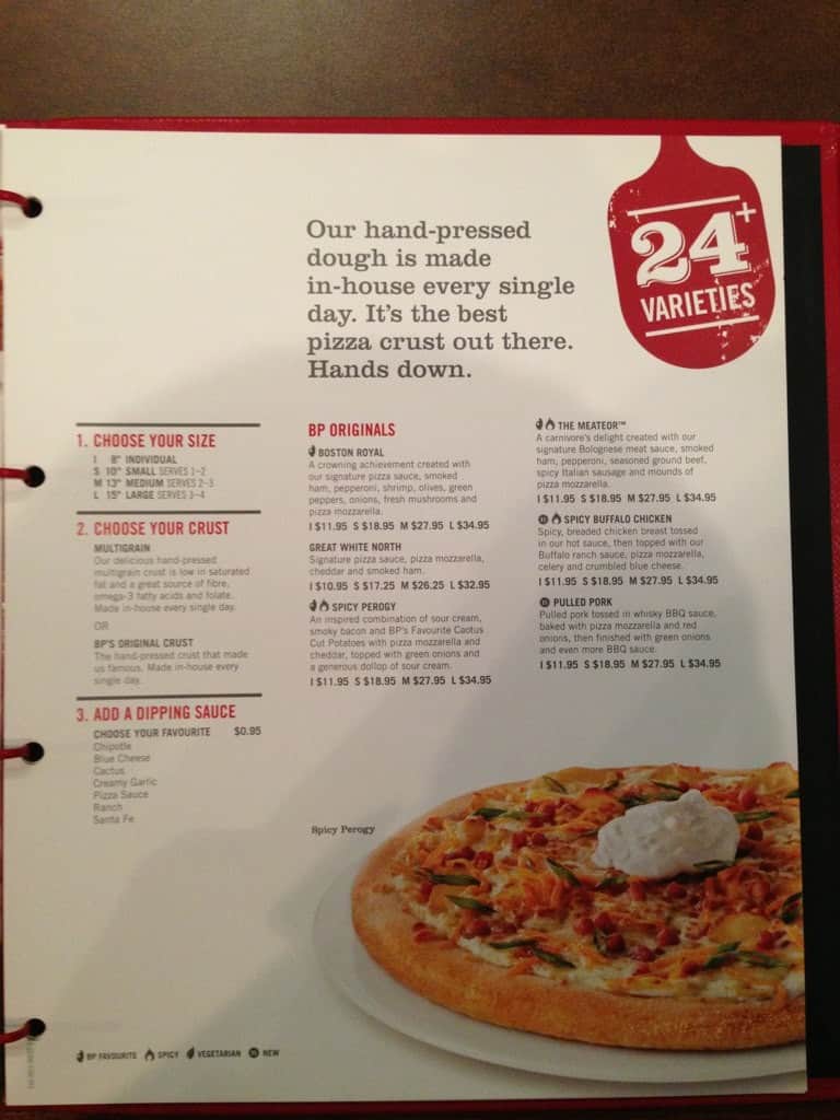 Menu at Boston Pizza pizzeria, Prince Albert