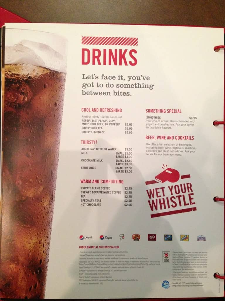 Menu at Boston Pizza pizzeria, Prince Albert