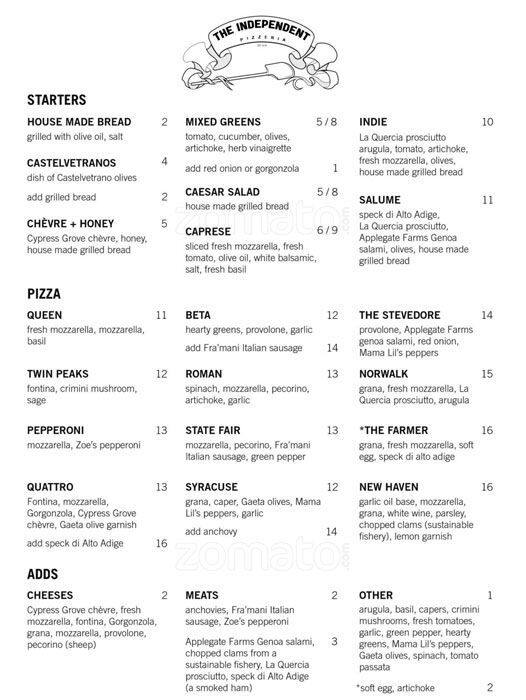 The Independent Pizzeria Menu Menu For The Independent Pizzeria Madison Park Seattle