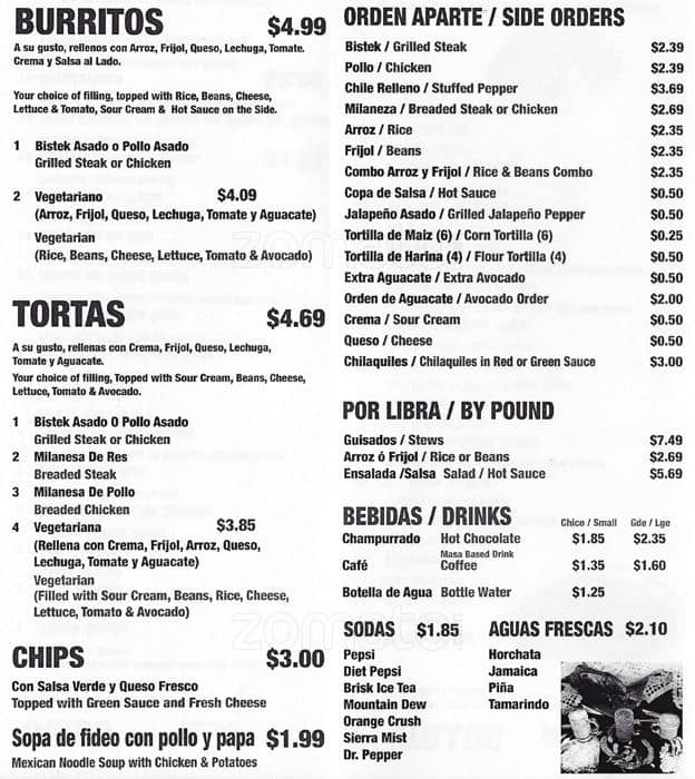 Menu at Taqueria El Milagro restaurant, Chicago, W 26th St