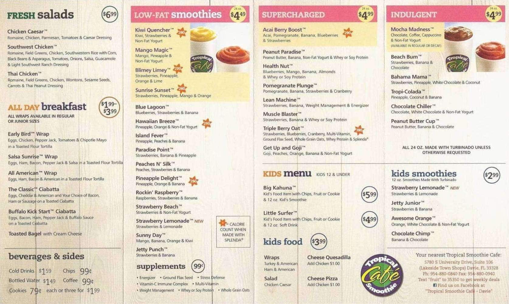 Tropical Smoothie Printable Menu