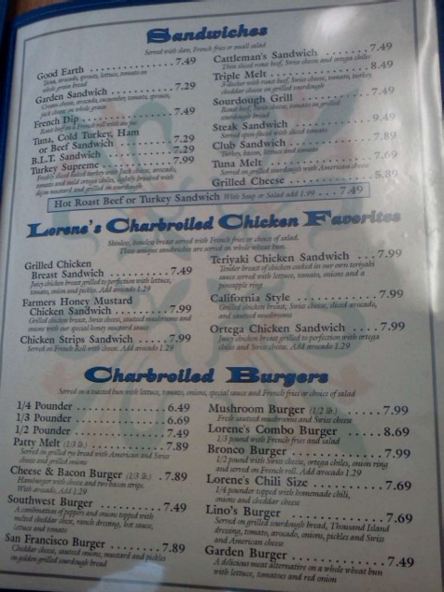 Menu at Lorene's Downtown restaurant, Bakersfield, 23rd St
