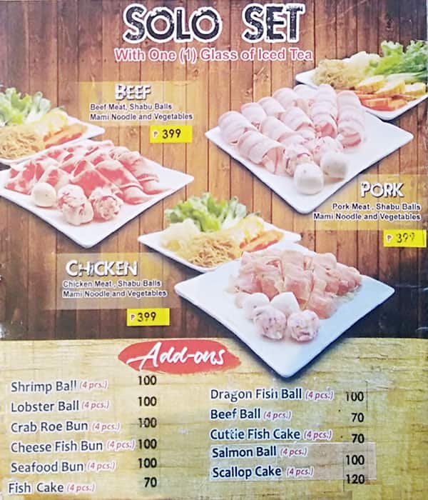 Menu Roti Hap Carta de Hap Chan Shabu Shabu, Tagaytay