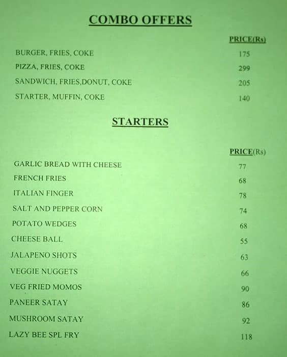 Menu of Cafe Lazy Bee, Kammanahalli, Bangalore