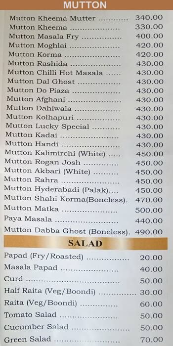 Lucky Biryani menu