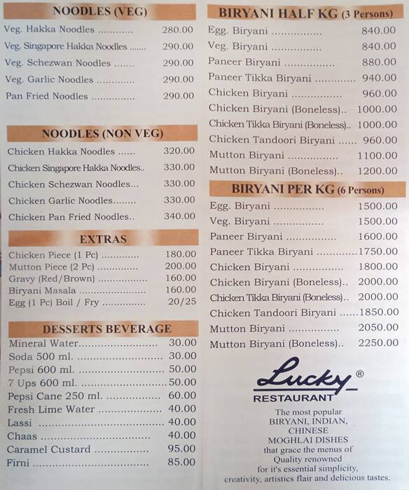 Lucky Biryani menu