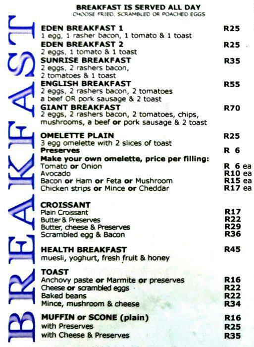 Eden Cafe Menu, Menu for Eden Cafe, Hermanus, Cape Town Zomato SA