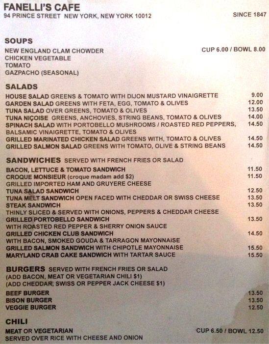Fanelli's Cafe Menu, Menu for Fanelli's Cafe, Soho, New York City