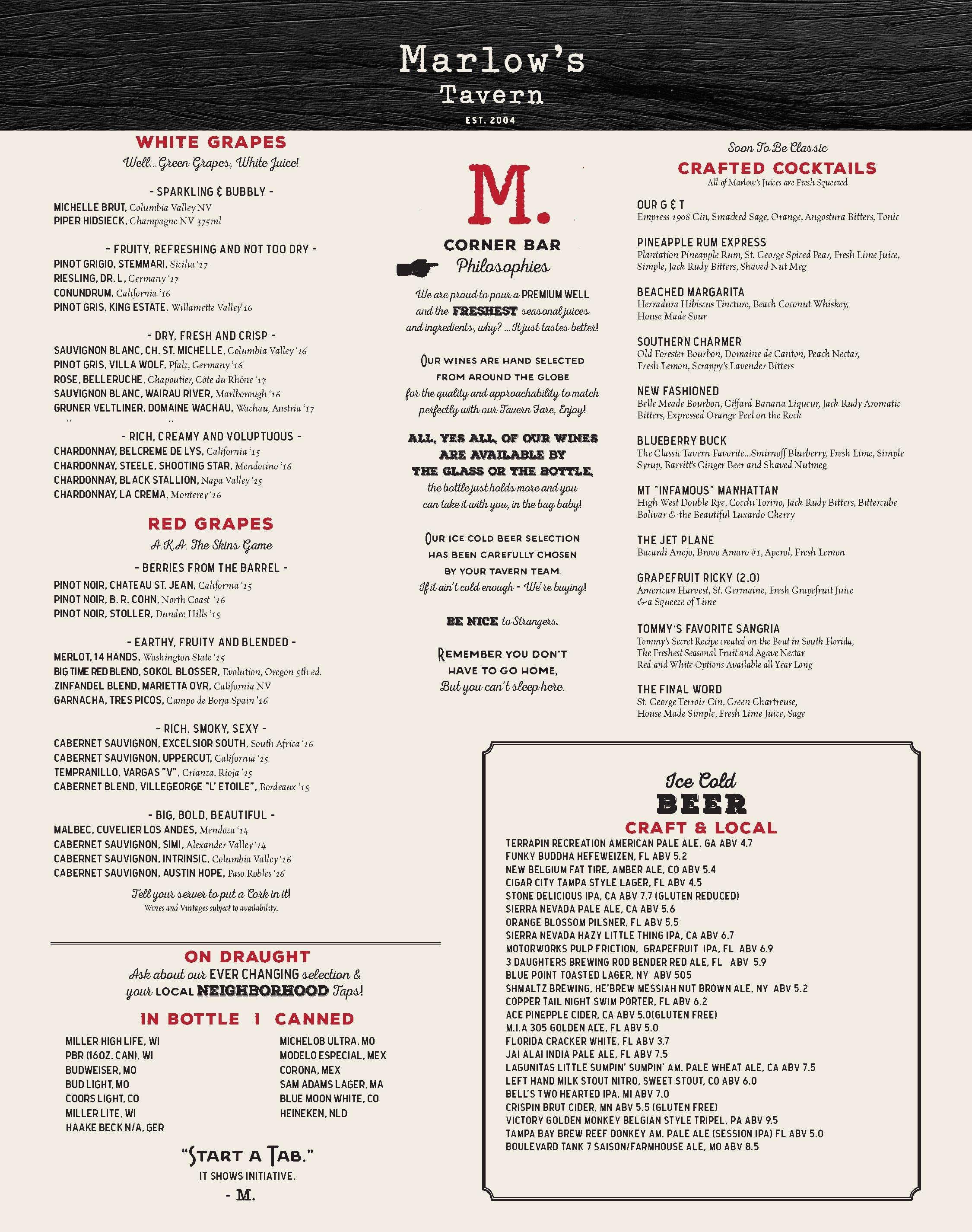 Marlow s Tavern Menu With Prices How Do You Price A Switches 