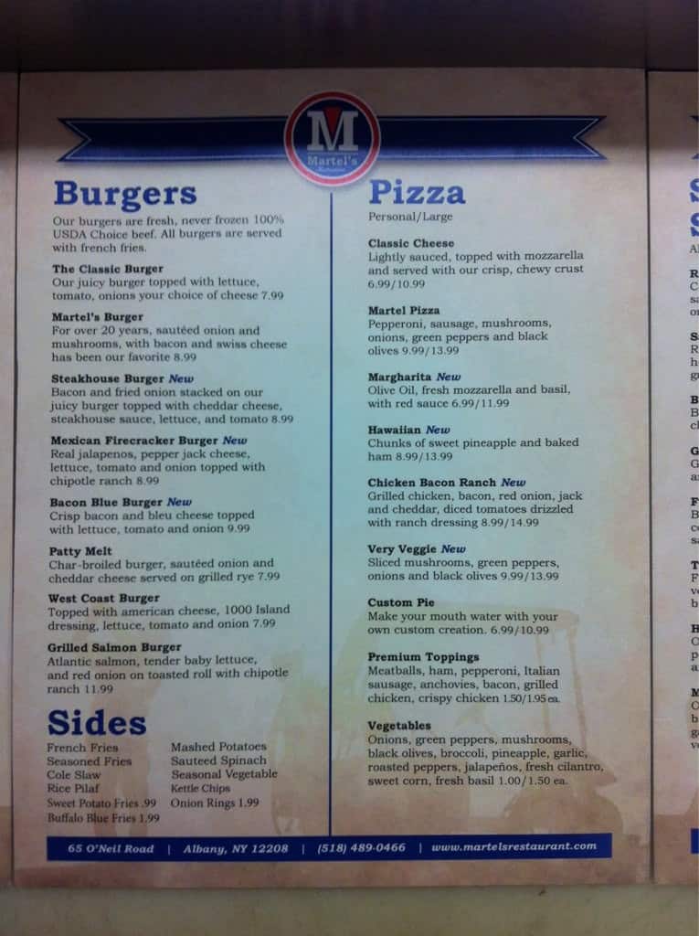 Menu at Martel's Restaurant at Capital Hills, Albany