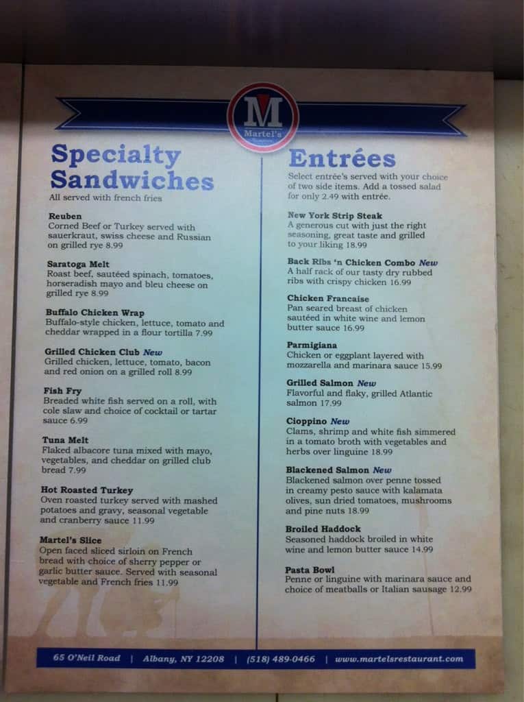 Menu at Martel's Restaurant at Capital Hills, Albany