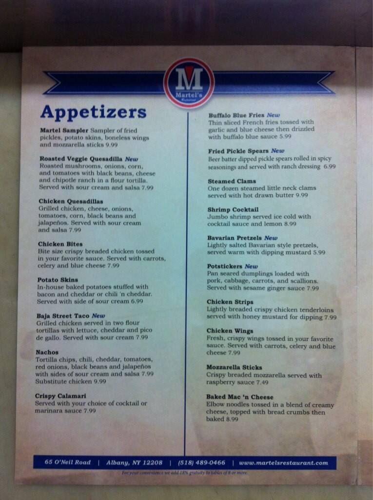 Menu at Martel's Restaurant at Capital Hills, Albany