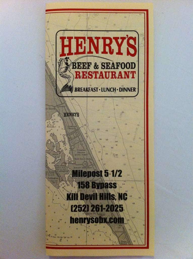Menu at Henry's Restaurant, Kill Devil Hills