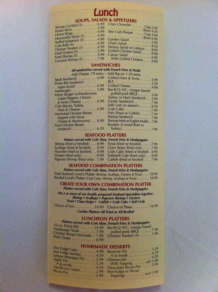 Menu at Henry's Restaurant, Kill Devil Hills