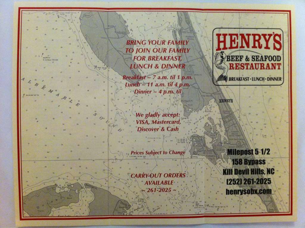 Menu at Henry's Restaurant, Kill Devil Hills