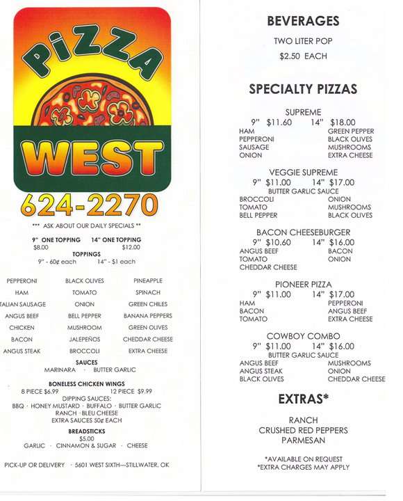 Pizza West Menu, Menu for Pizza West, Stillwater, Stillwater Urbanspoon/Zomato