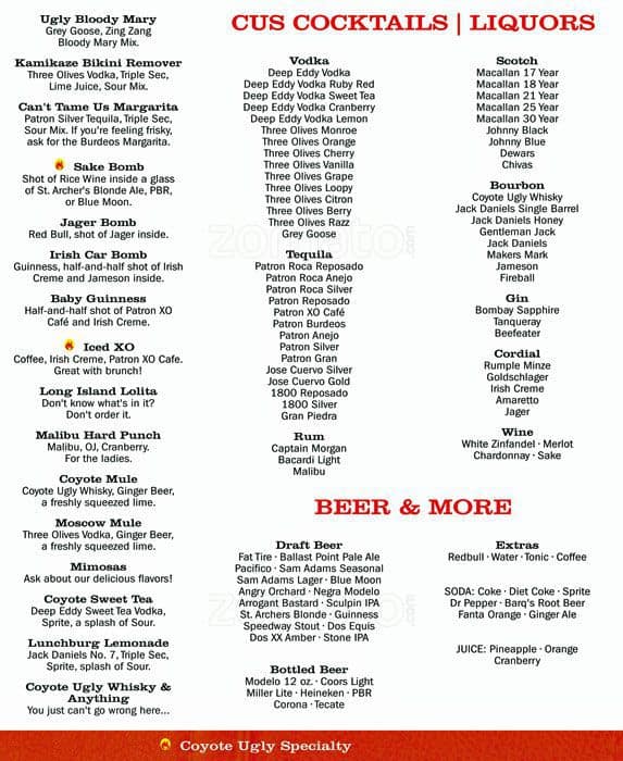 Menu at Coyote Ugly pub & bar, San Diego