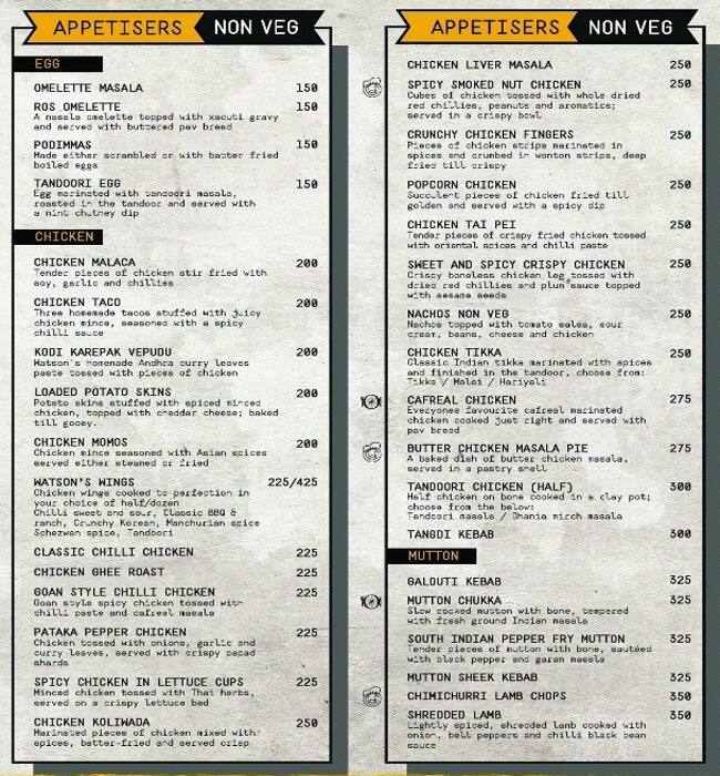 Watson's menu