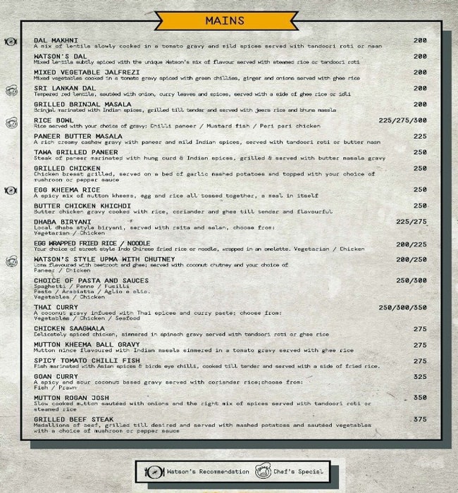 Watson's menu