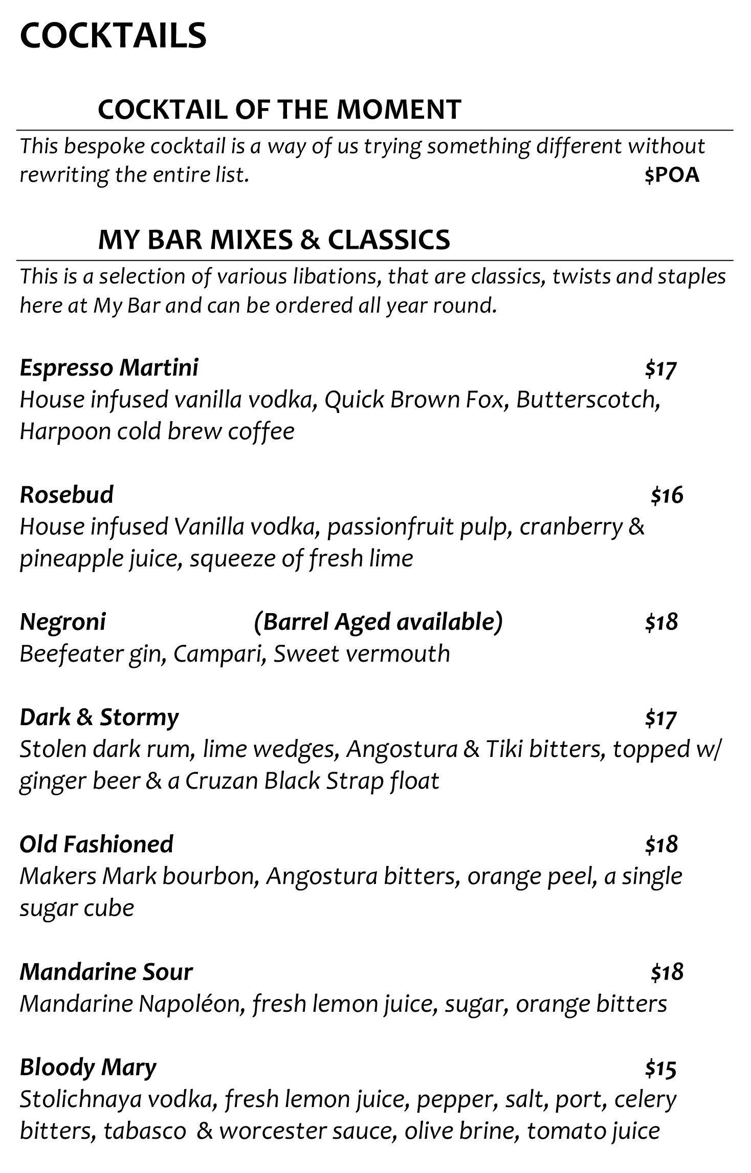 My Bar Menu, Menu for My Bar, Durham Street East, Auckland Menumania
